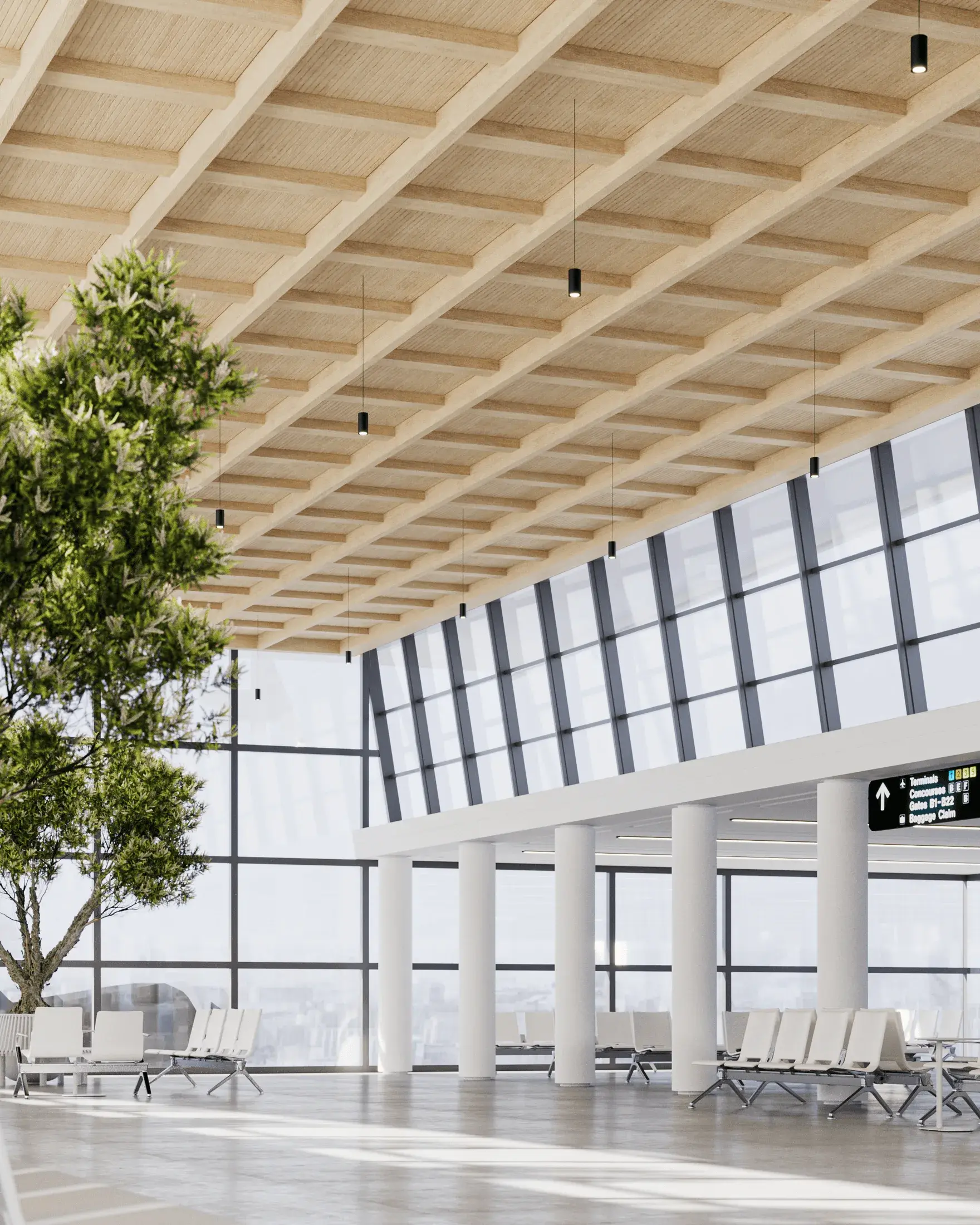 Espacio amplio y luminoso con techo de madera y grandes ventanales